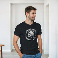 Man wearing black Angel Fury Rider Club graphic tee featuring a biker skull design for bold underground street style.