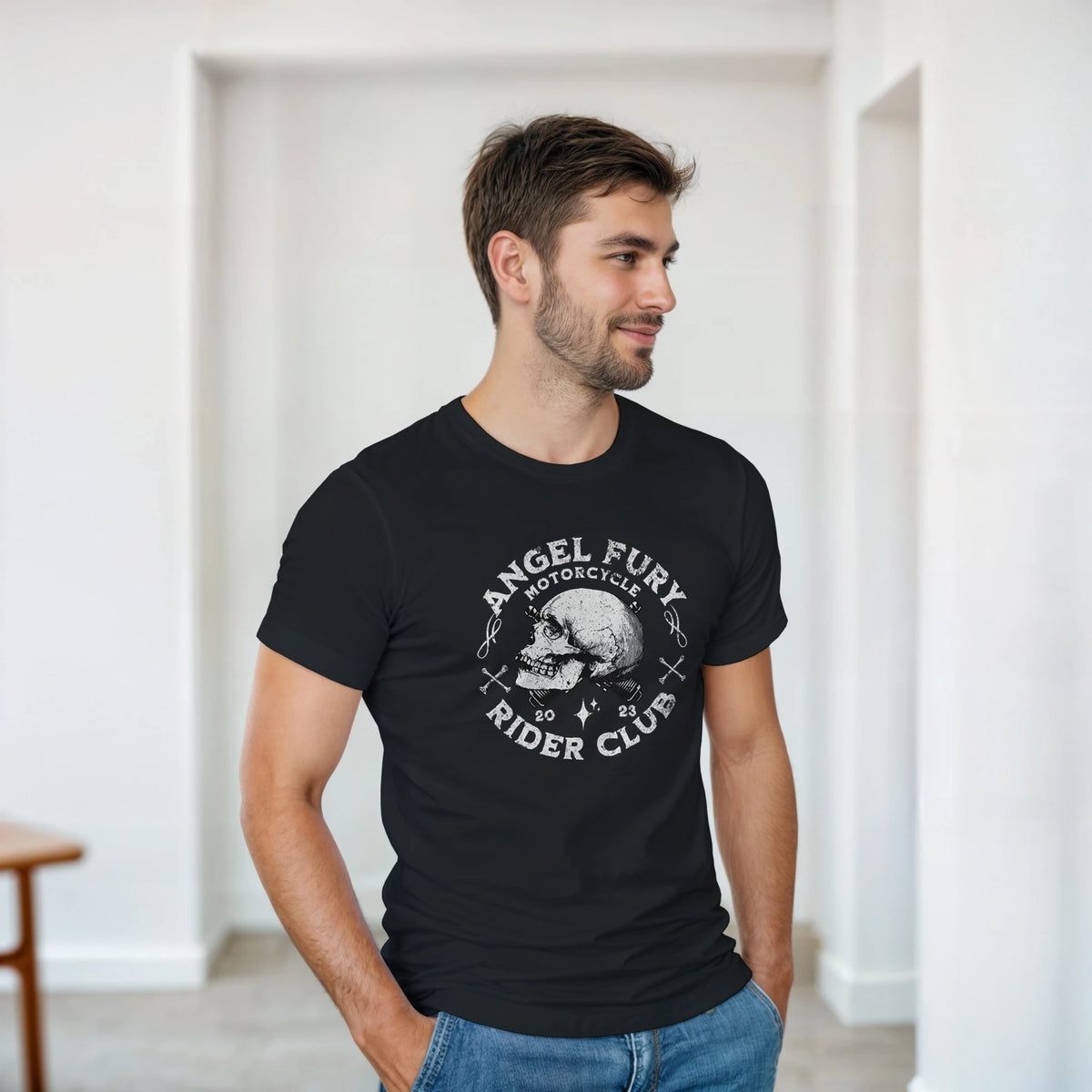 Man wearing black Angel Fury Rider Club graphic tee featuring a biker skull design for bold underground street style.