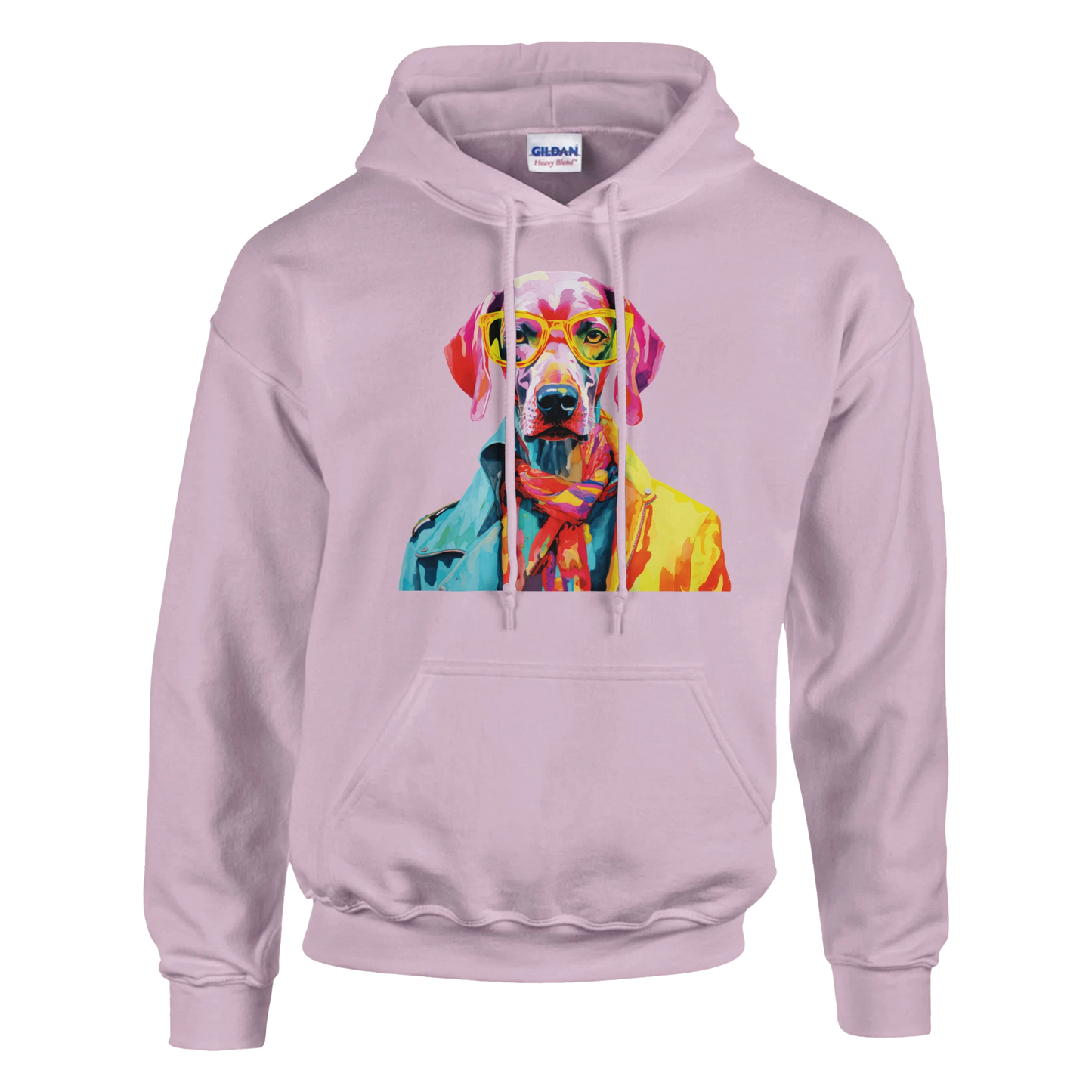 Pastel pink Gent Dog Jumper women's hoodie with soft cotton blend and vibrant dog graphic wearing yellow sunglasses.