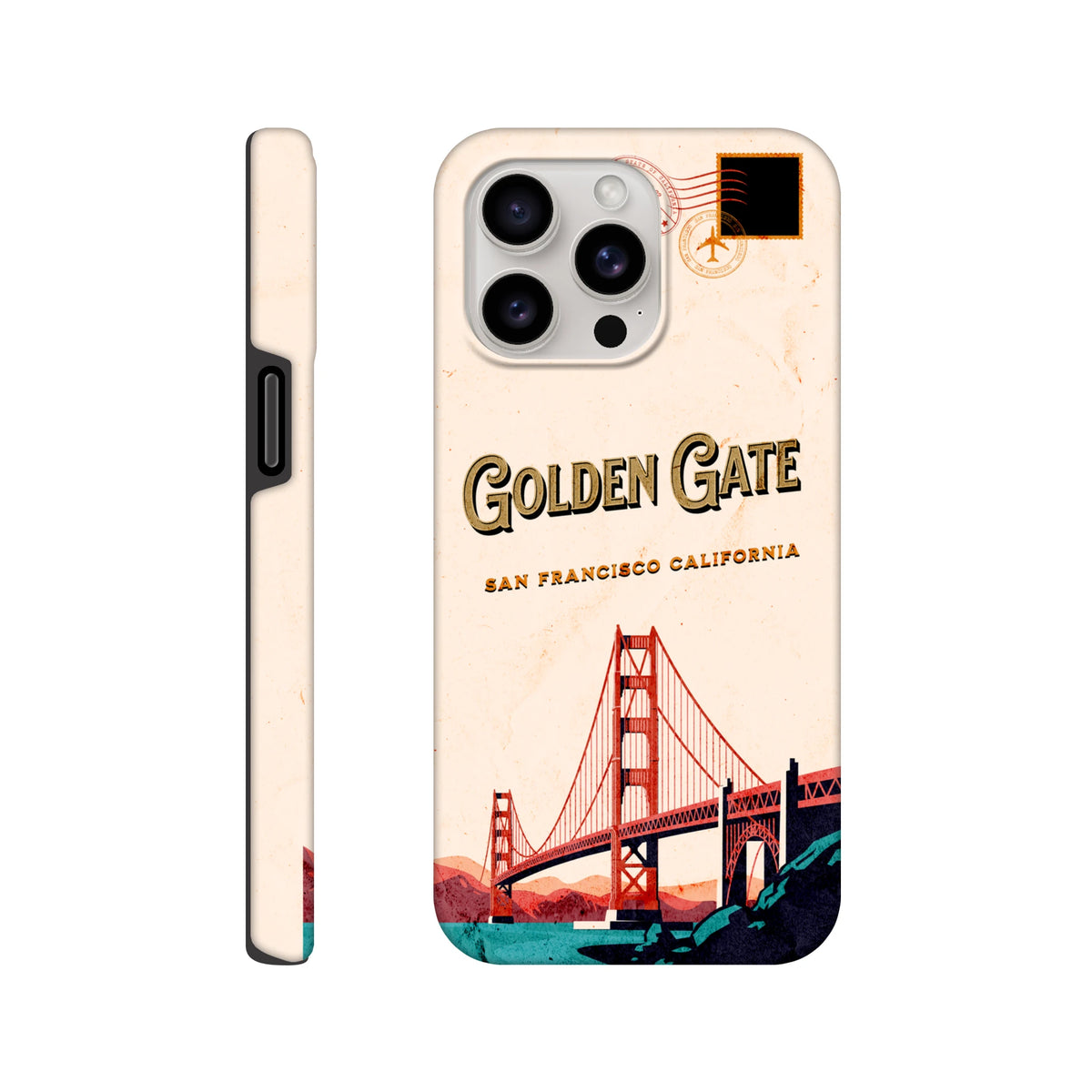 Vintage style iPhone case featuring a Golden Gate Bridge postcard design with "San Francisco California" text.
