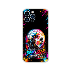 Colorful iPhone case featuring a manual gear shifter, palm trees, and vibrant paint splatters with "Drop A Gear" text.