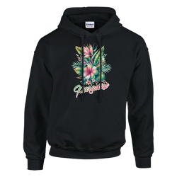 Women's Y2K Paradise Hoodie with tropical floral artwork and palm leaves on a black pullover.
