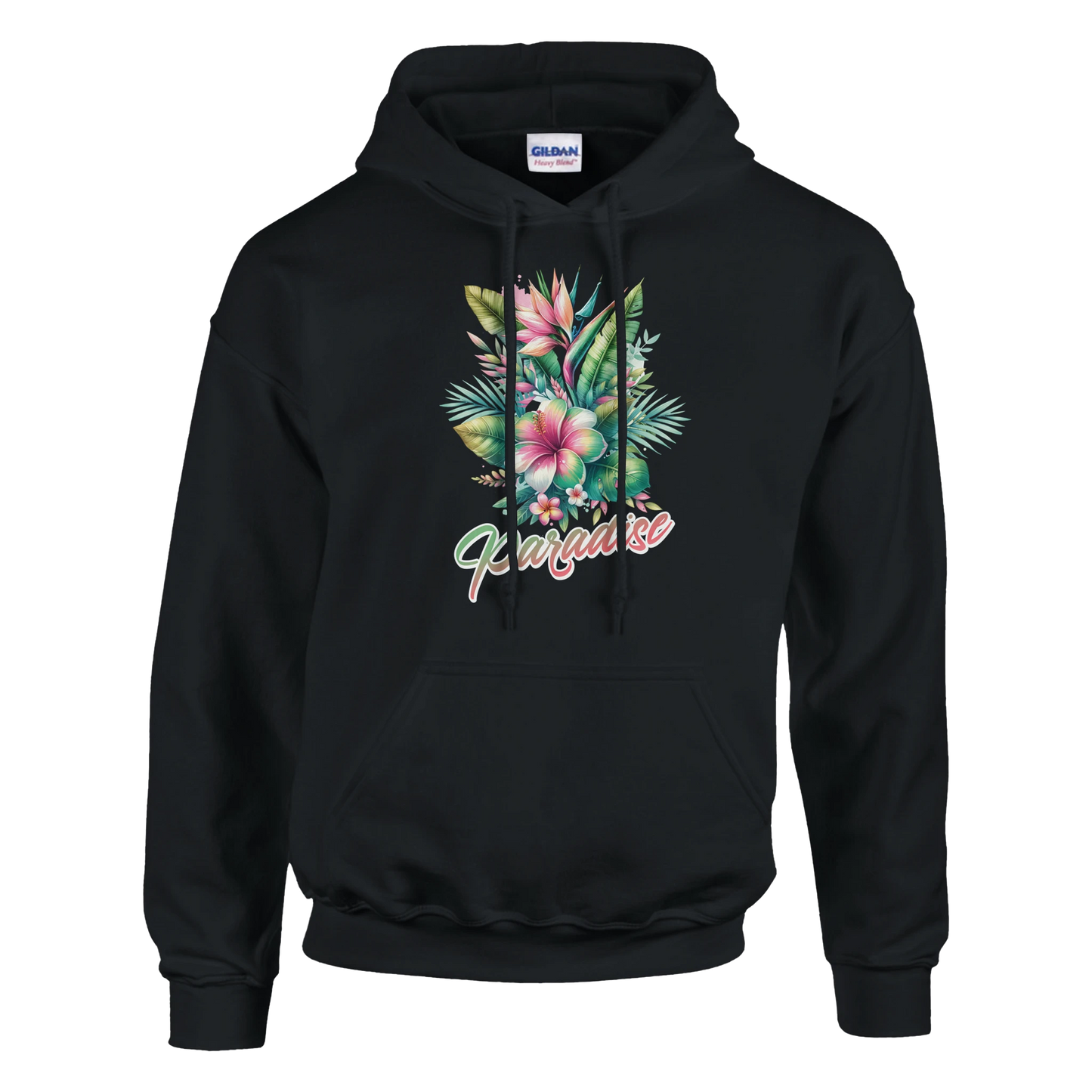 Women's Y2K Paradise Hoodie with tropical floral artwork and palm leaves on a black pullover.