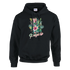Women's Y2K Paradise Hoodie with tropical floral artwork and palm leaves on a black pullover.