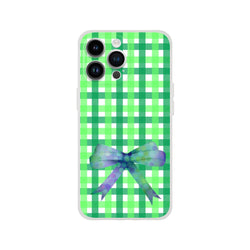 Translucent green gingham iPhone case with iridescent bow for 13–16 models