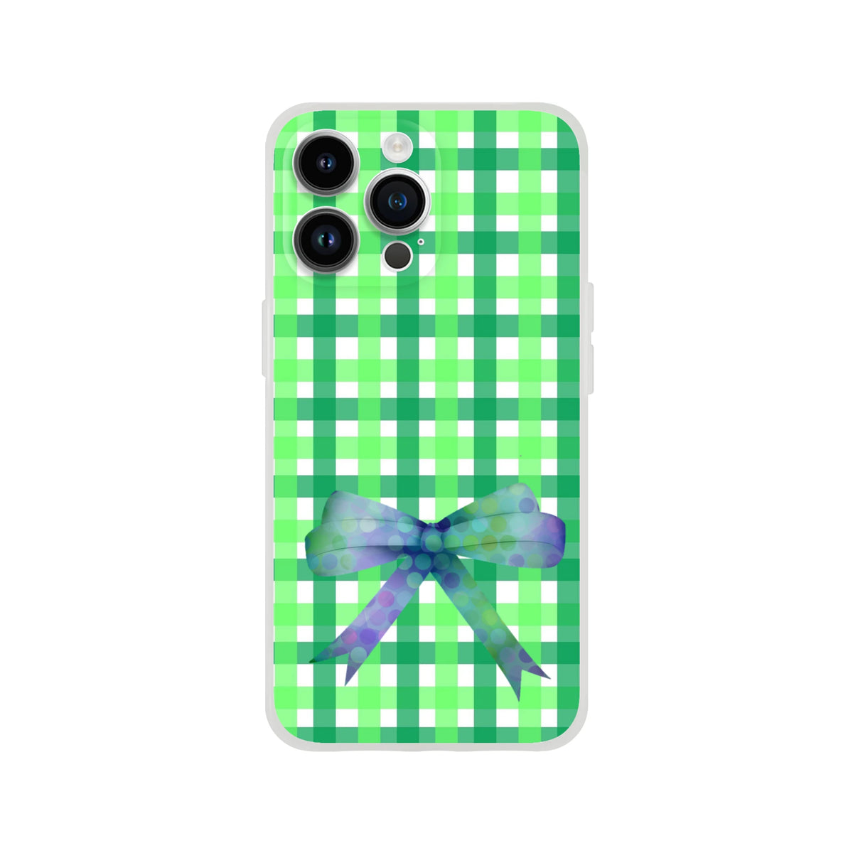 Translucent green gingham iPhone case with iridescent bow for 13–16 models