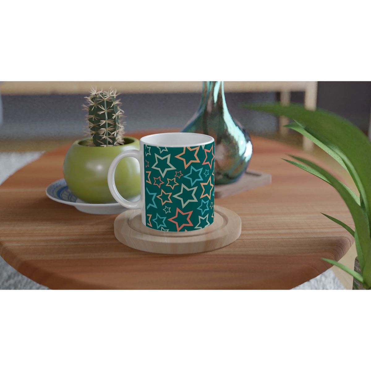 Retro Multicolour Star Mug on a wooden table with a small cactus nearby.