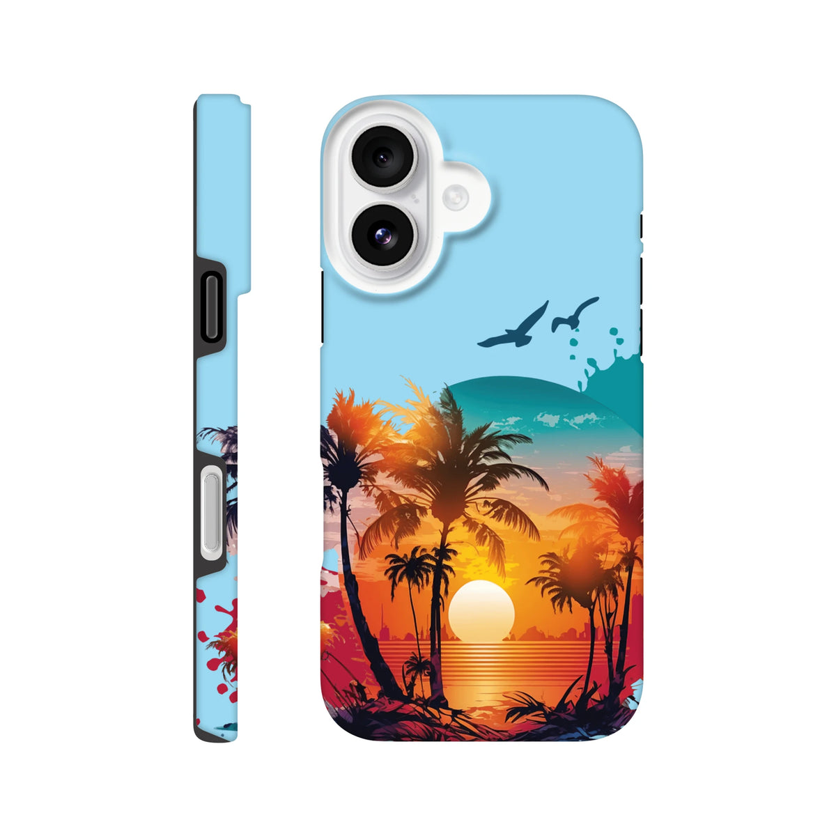 Tough iPhone case featuring a vibrant tropical sunset with palm tree silhouettes and flying birds against a gradient ocean sky.