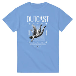 Outcast men's graphic T-shirt in blue with winged figure over a grid design; soft cotton blend.