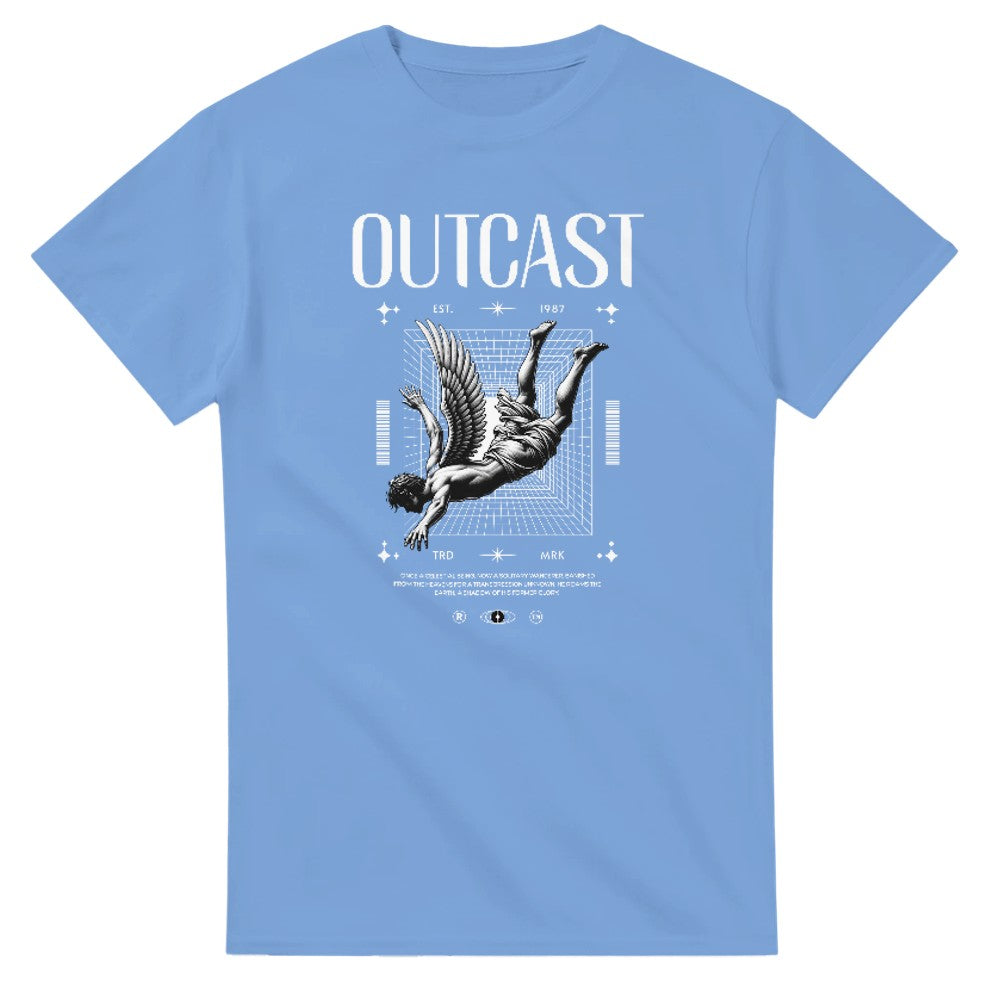 Outcast men's graphic T-shirt in blue with winged figure over a grid design; soft cotton blend.