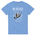 Outcast men's graphic T-shirt in blue with winged figure over a grid design; soft cotton blend.