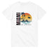 White cotton-blend Miami graphic T-shirt with tropical sunset, palm trees, and ocean scene.