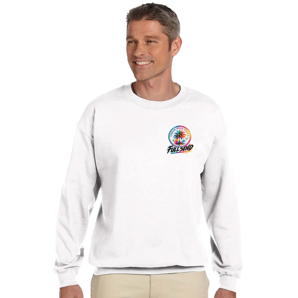 White crewneck sweatshirt featuring colorful Urban Palm Trees and Full Send graphic on the chest for streetwear style.