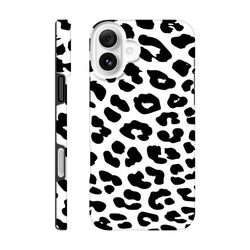 Black and white snow leopard print tough iPhone case with shock-absorbing design for daily protection and style.