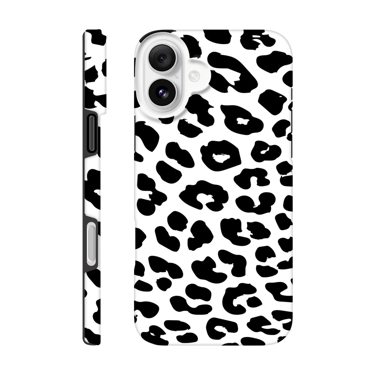 Black and white snow leopard print tough iPhone case with shock-absorbing design for daily protection and style.