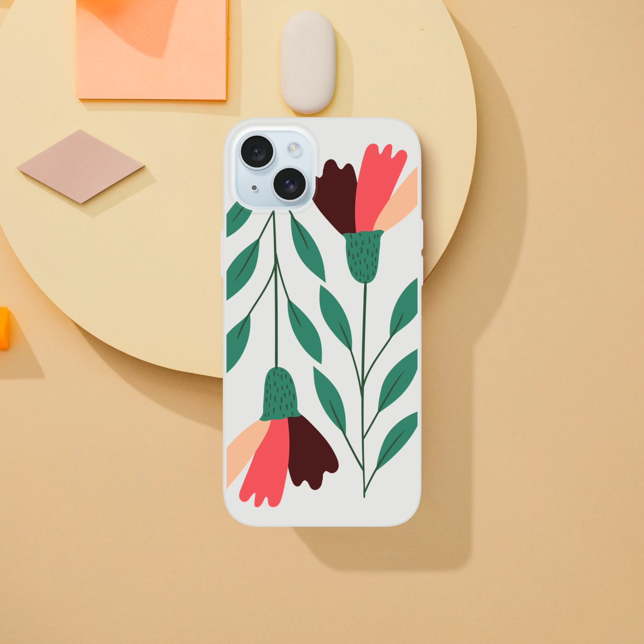 Floral iPhone case with green leaves and pink petals; frosty transparent, slim protective cover for iPhone 13–16.