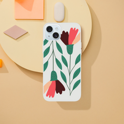 Floral iPhone case with green leaves and pink petals; frosty transparent, slim protective cover for iPhone 13–16.