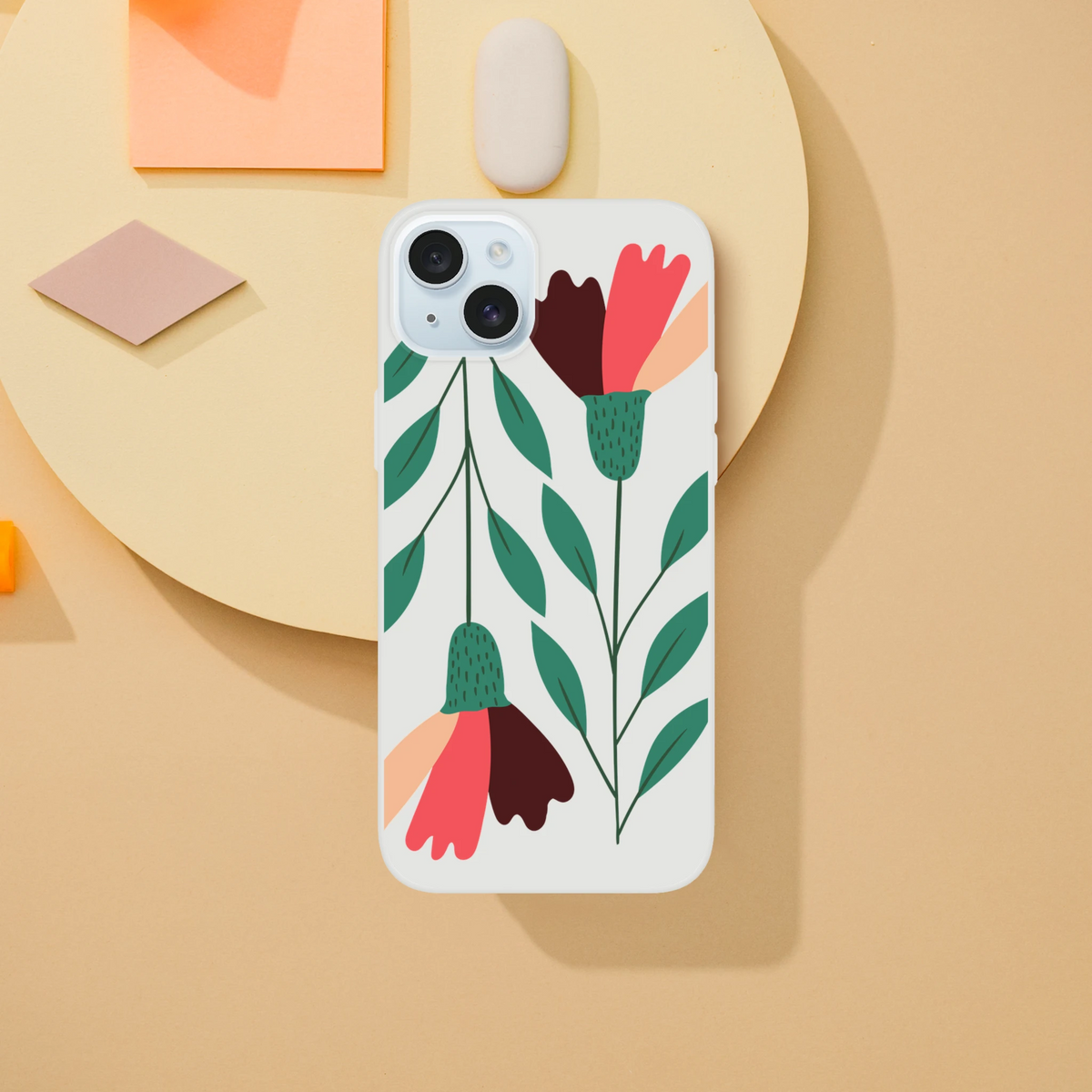 Floral iPhone case with green leaves and pink petals; frosty transparent, slim protective cover for iPhone 13–16.