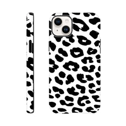 Black and white snow leopard print tough iPhone case with shock-absorbing design for models 13-16.