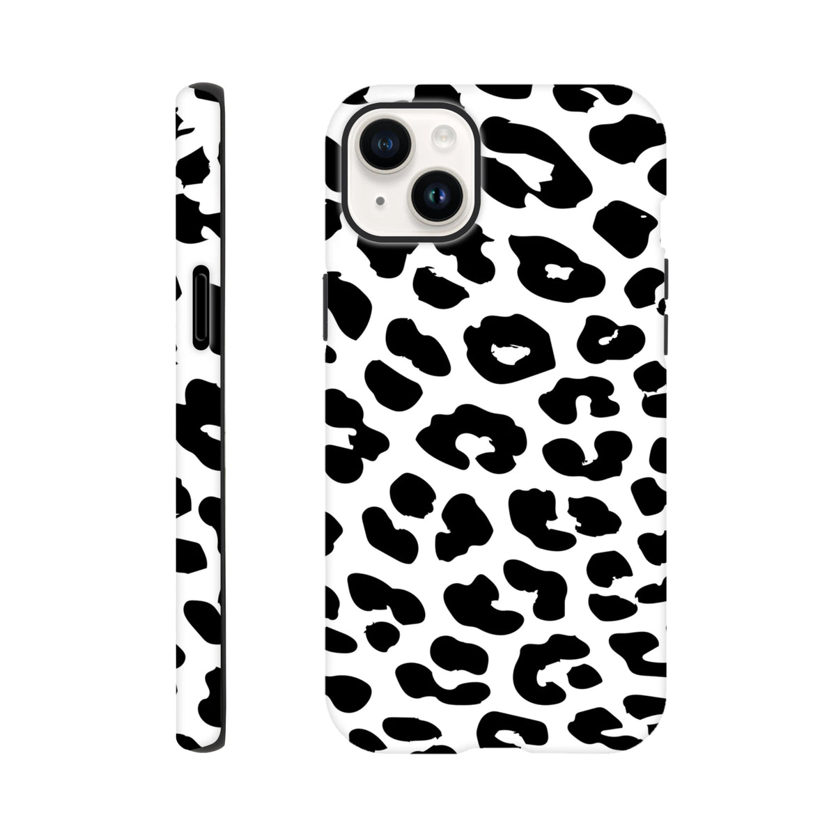 Black and white snow leopard print tough iPhone case with shock-absorbing design for models 13-16.