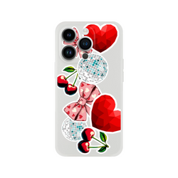 Y2K aesthetic iPhone case featuring transparent cherry, pink bow, disco ball, and red heart sticker designs with a glossy finish.