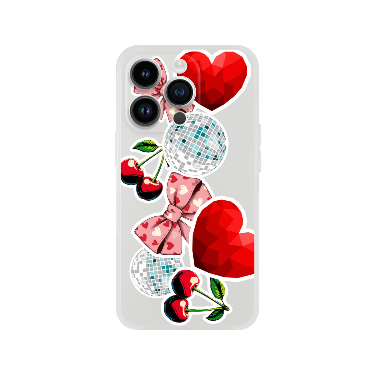 Y2K aesthetic iPhone case featuring transparent cherry, pink bow, disco ball, and red heart sticker designs with a glossy finish.