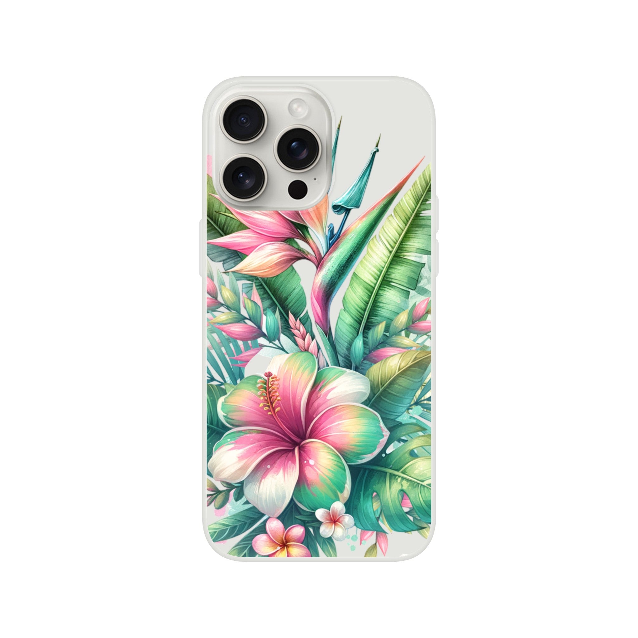 Exotic tropical iPhone case with hibiscus and palm leaves; slim protective cover for iPhone 16/15/14/13.