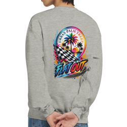 Grey sweatshirt back featuring colorful Flat Out graphic with checkered flag, palm trees, and sunset for modified car culture enthusiasts.