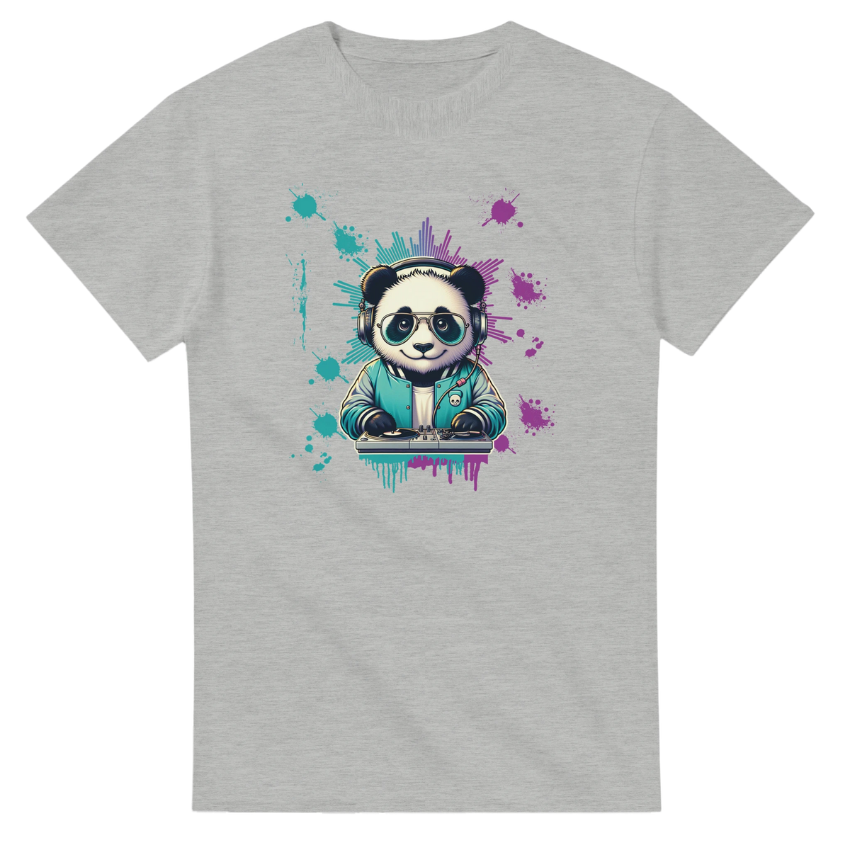 Future Beats DJ Monkey graphic tee with a panda DJ wearing headphones and a mixer, colorful splashes on gray shirt.