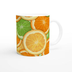 Citrus-pattern mug featuring orange, lime, and lemon slices for coffee or tea.