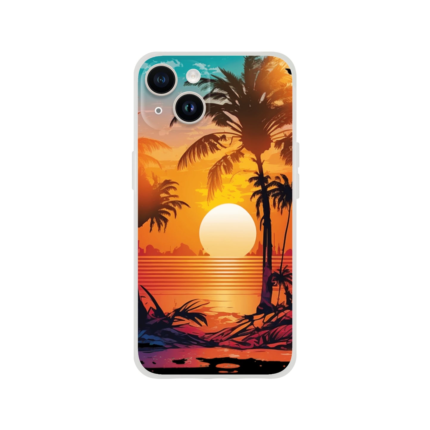IPhone case with a sunset and palm tree design on a white background 14