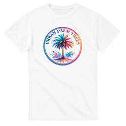 Urban Palm Trees Tee for Men with a colorful palm-tree circle graphic on a white retro streetwear summer top