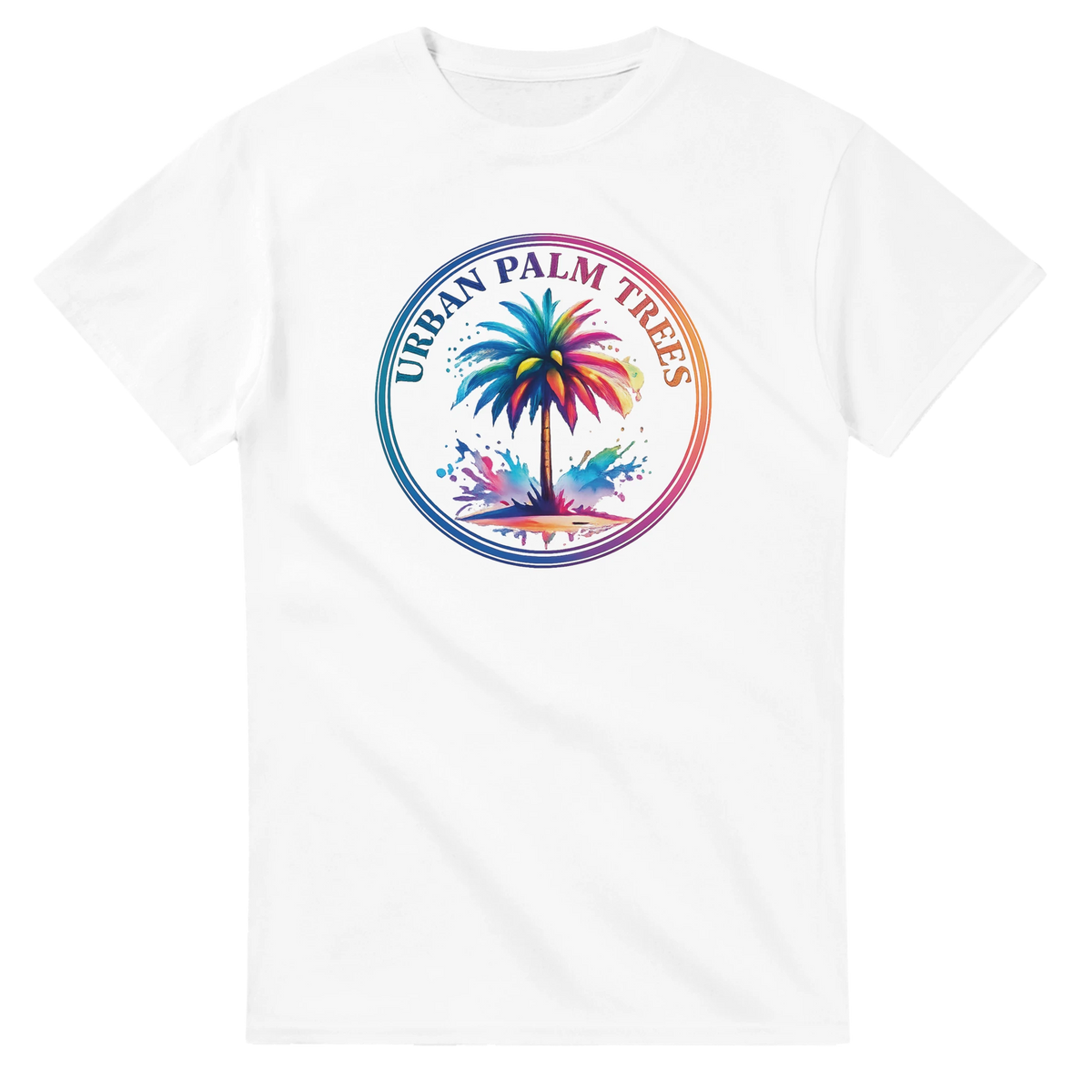 Urban Palm Trees Tee for Men with a colorful palm-tree circle graphic on a white retro streetwear summer top
