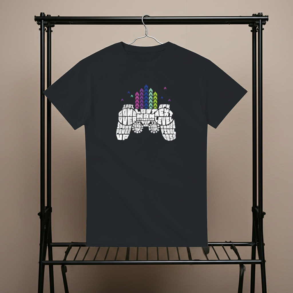 Black t-shirt with a graphic design on a hanger against a beige background