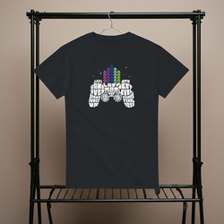 Black t-shirt with a graphic design on a hanger against a beige background