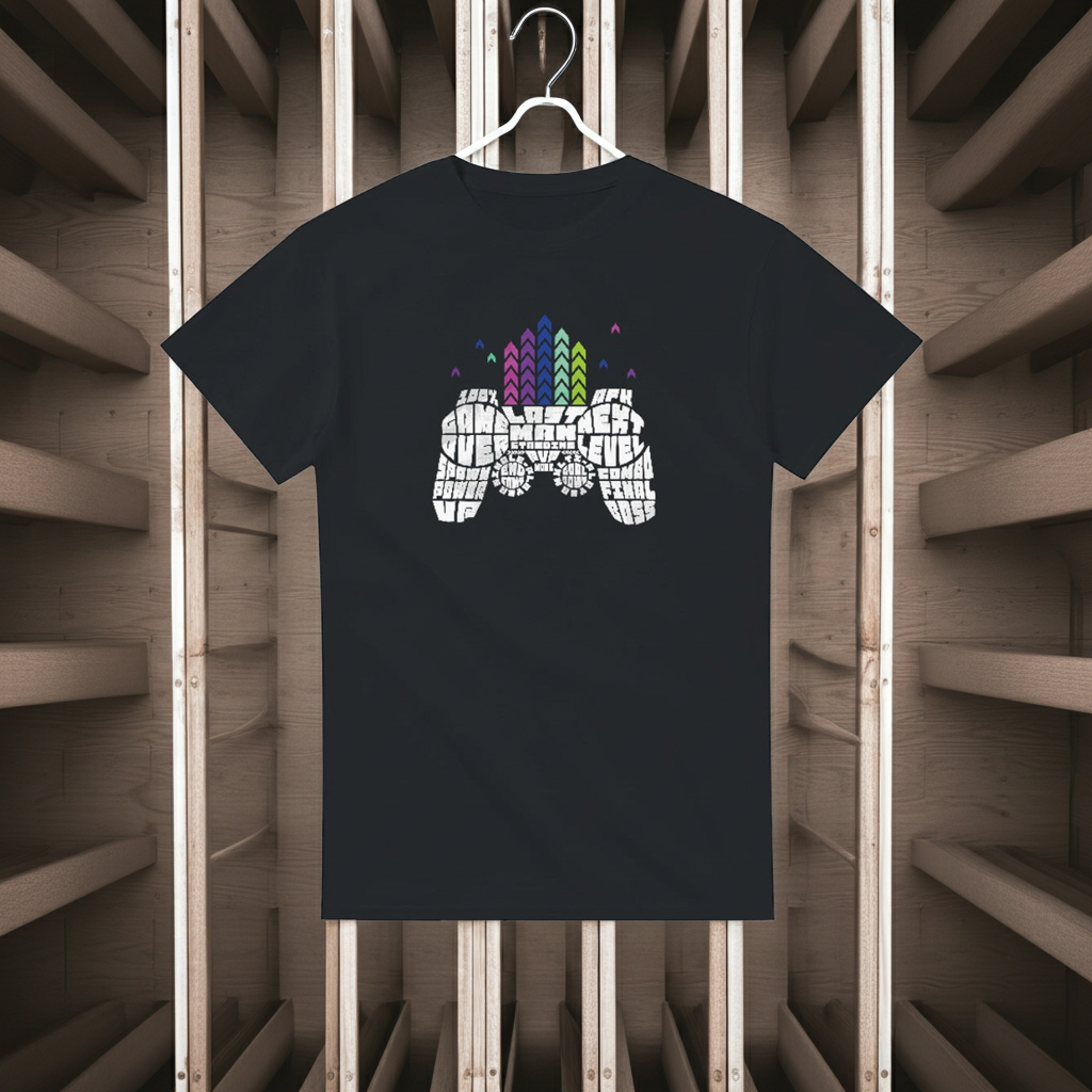 Black t-shirt with a colorful graphic design on a wooden background