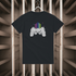 Black t-shirt with a colorful graphic design on a wooden background