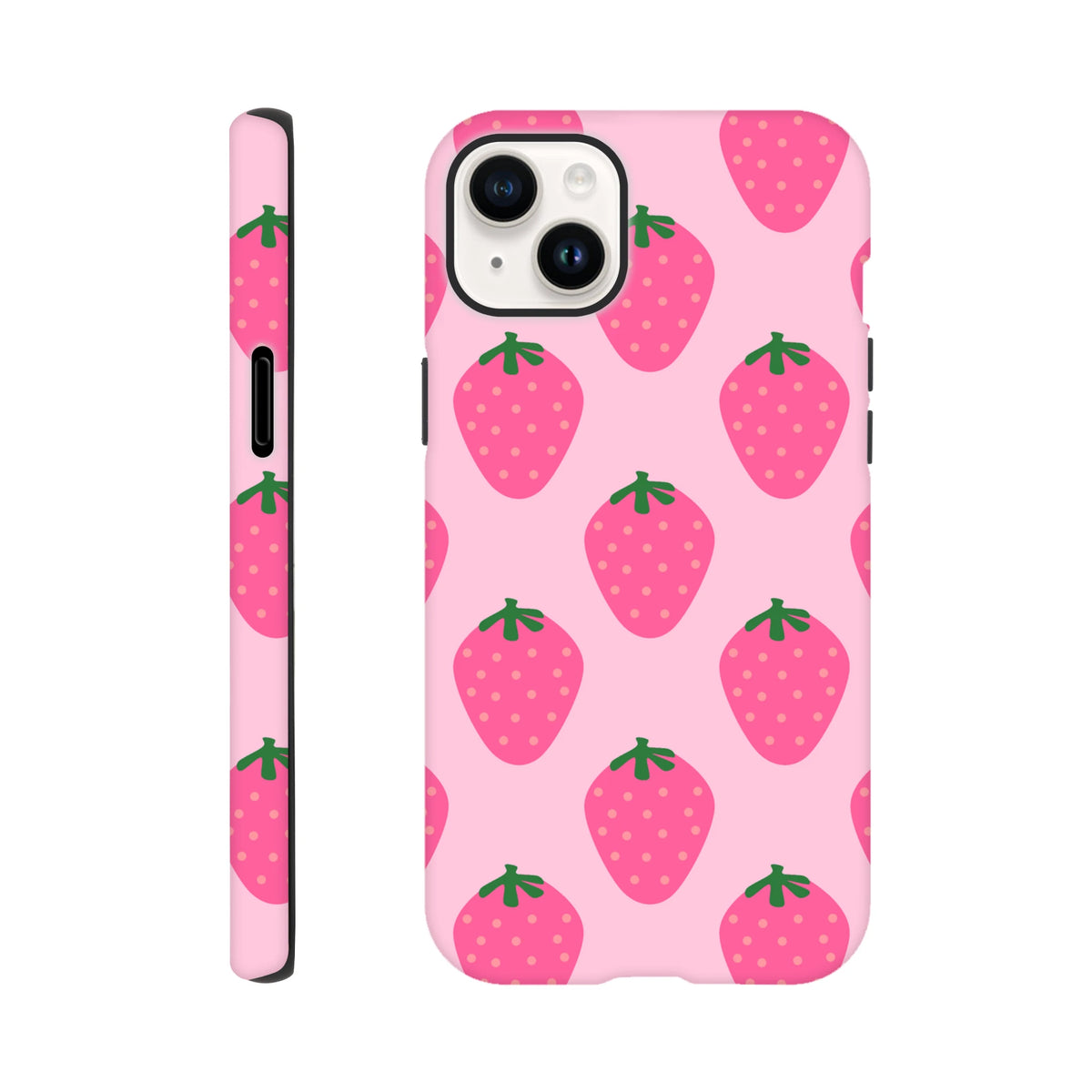 Pink iPhone tough case featuring a cute repeating strawberry pattern with green leaves on a vibrant pink background.