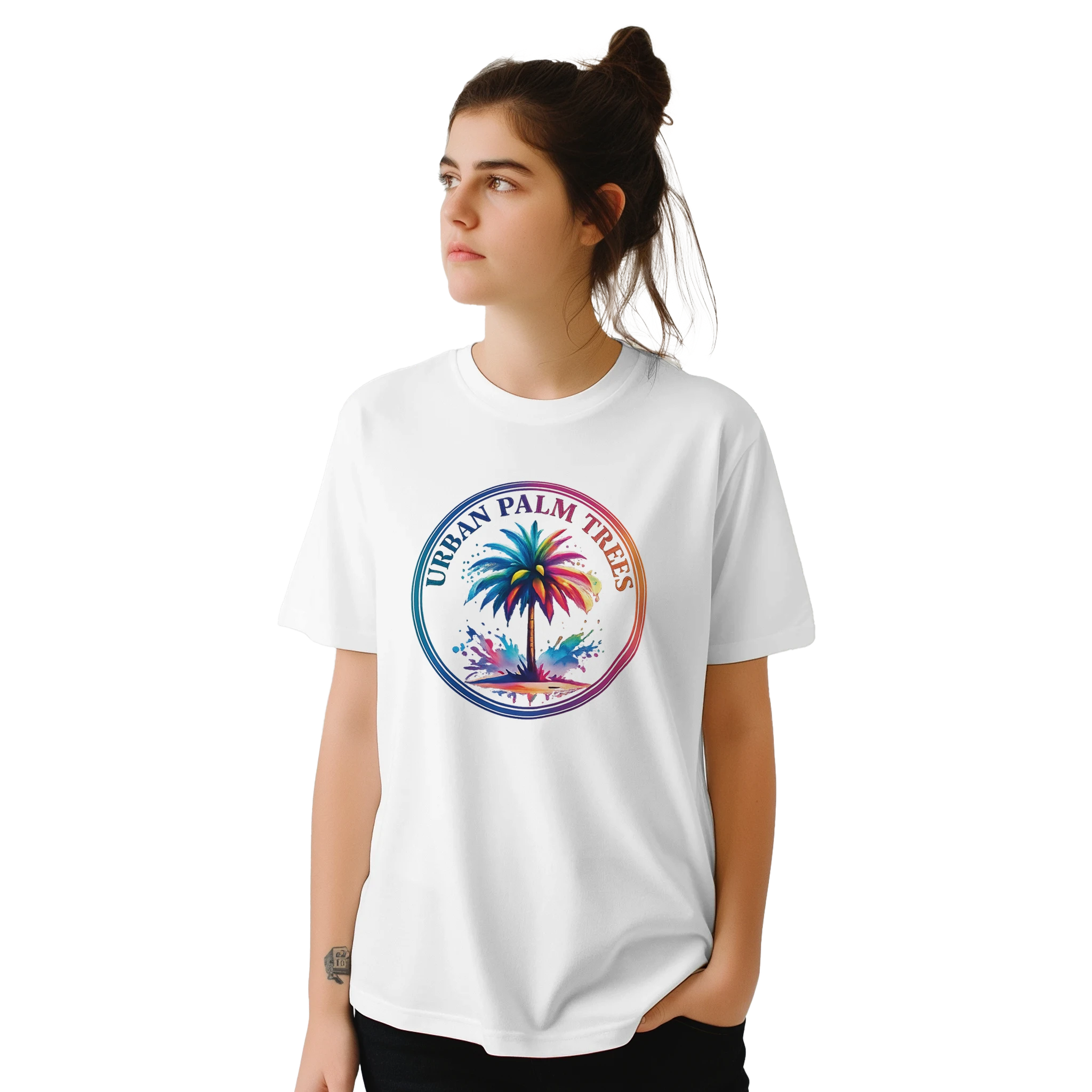 Woman wearing white Retro Palm Tree T-shirt with a colorful circular palm graphic, Y2K aesthetic.