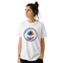 Woman wearing white Retro Palm Tree T-shirt with a colorful circular palm graphic, Y2K aesthetic.