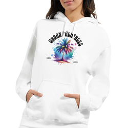 Urban Palm Trees Hoodie for women with colorful palm tree graphic, front pouch pocket, double-lined hood.
