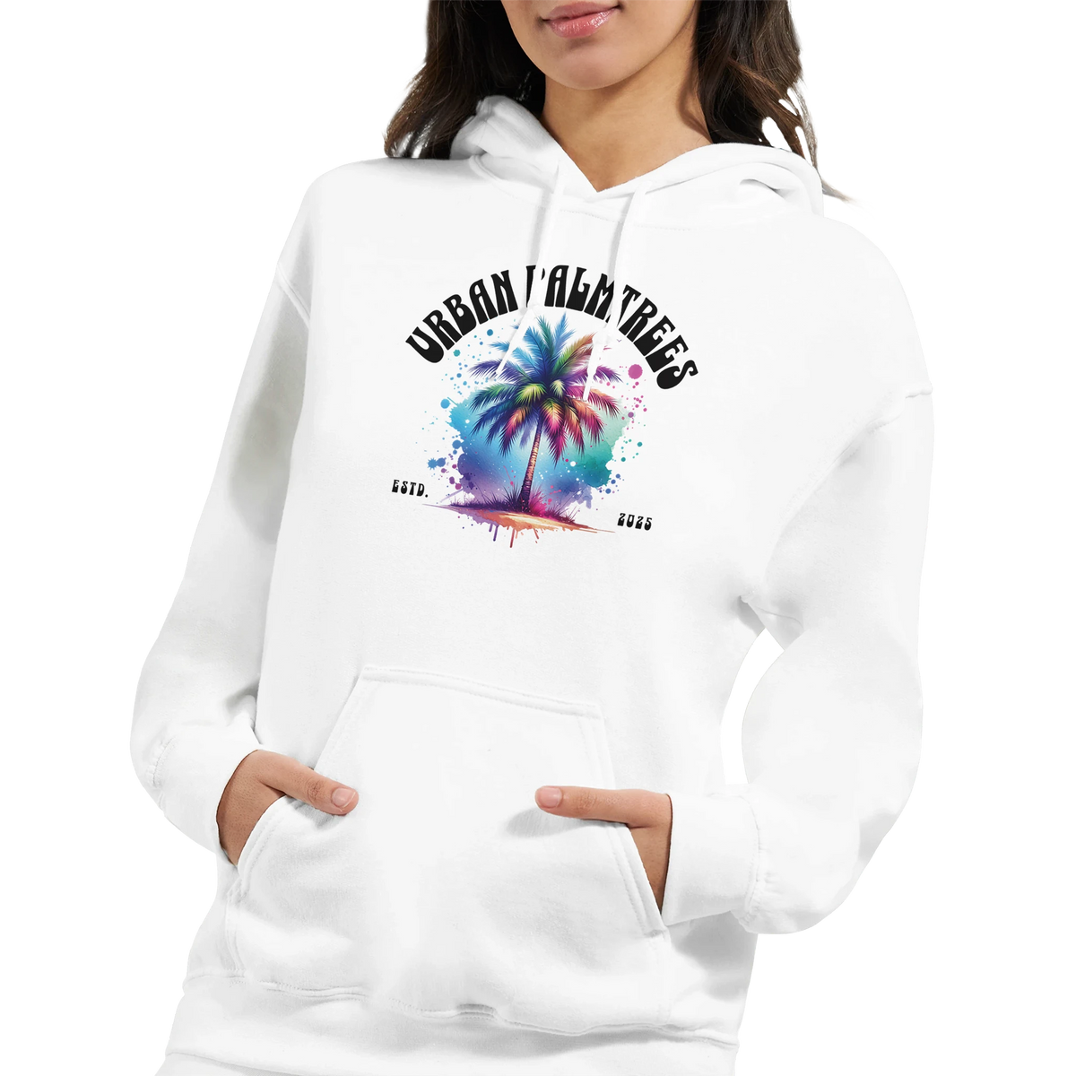 Urban Palm Trees Hoodie for women with colorful palm tree graphic, front pouch pocket, double-lined hood.