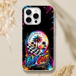 Vibrant Flat Out car culture iPhone case with colorful paint splatters, checkered flag, and Urban Palm Trees sunset design on a black background.