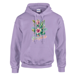 Women's lavender Y2K Paradise hoodie with tropical floral and urban palm trees design.