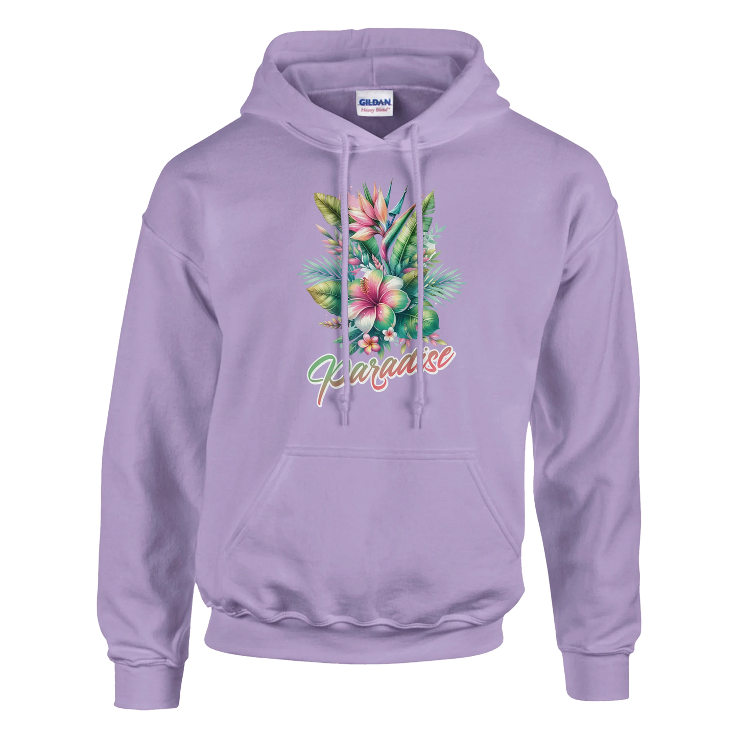 Women's lavender Y2K Paradise hoodie with tropical floral and urban palm trees design.