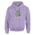 Women's lavender Y2K Paradise hoodie with tropical floral and urban palm trees design.