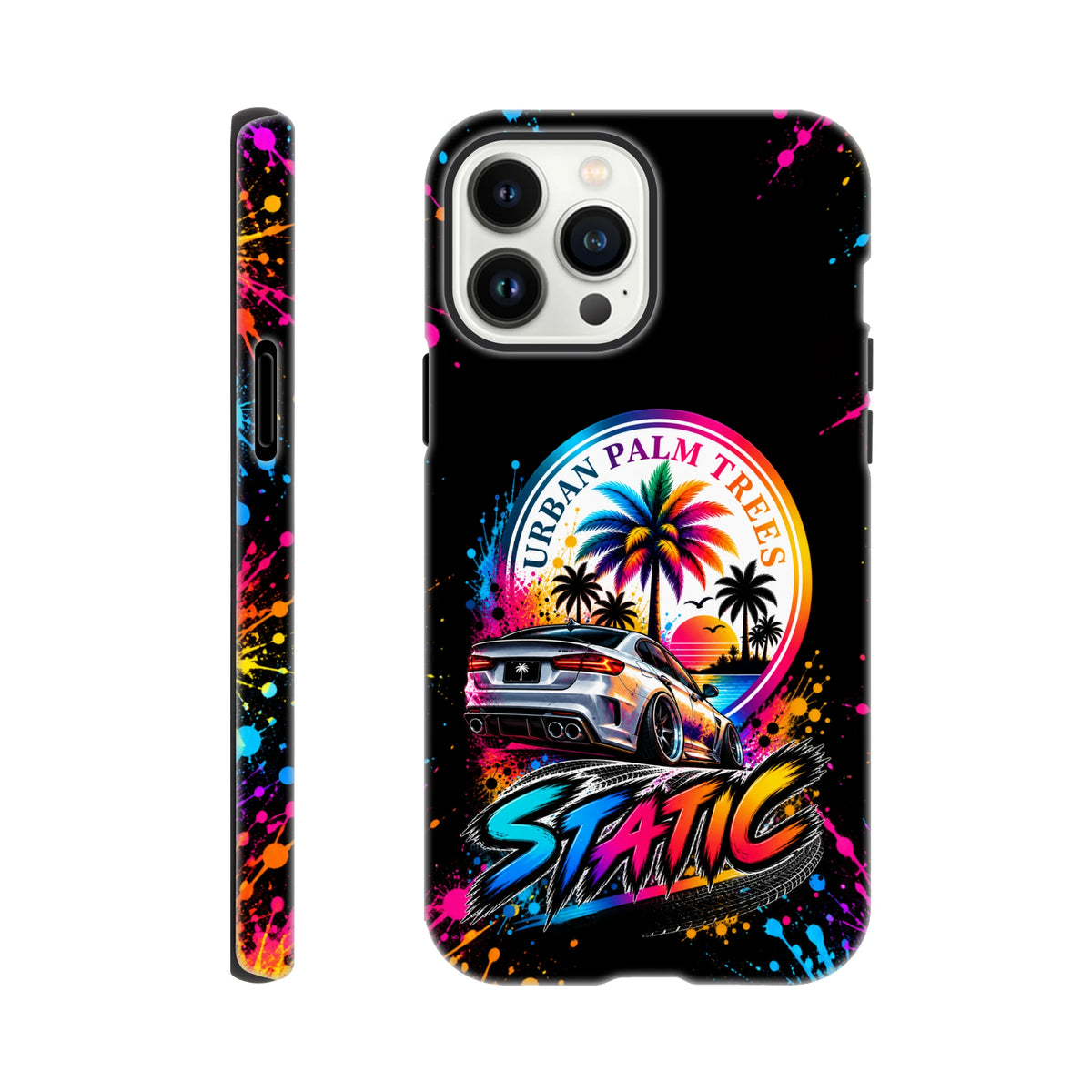 Static Slammed iPhone case featuring a lowered silver car, colorful Urban Palm Trees sunset graphic, and neon paint splatters on a black background.