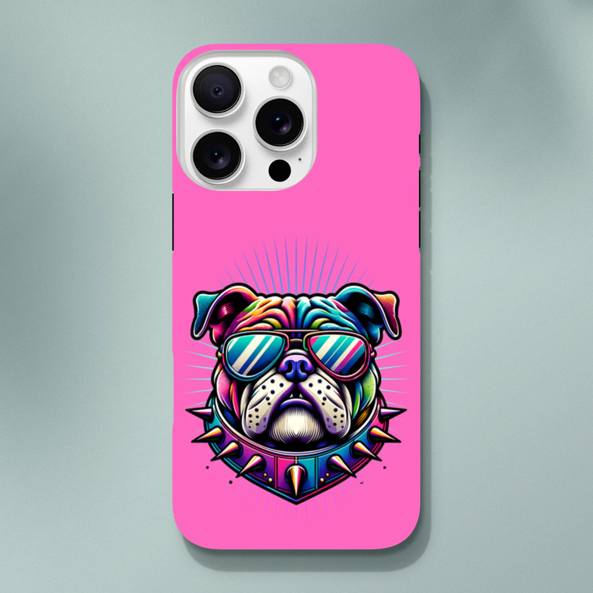 Pink iPhone case for 13-16 featuring bold retro bulldog print and rugged protective design.