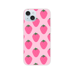 Cute pink strawberry iPhone case for 13-16, kawaii fruit aesthetic with repeating berry pattern