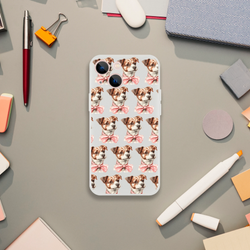 Slim transparent iPhone case for 13-16 with a cute dog head pattern and pink bows.